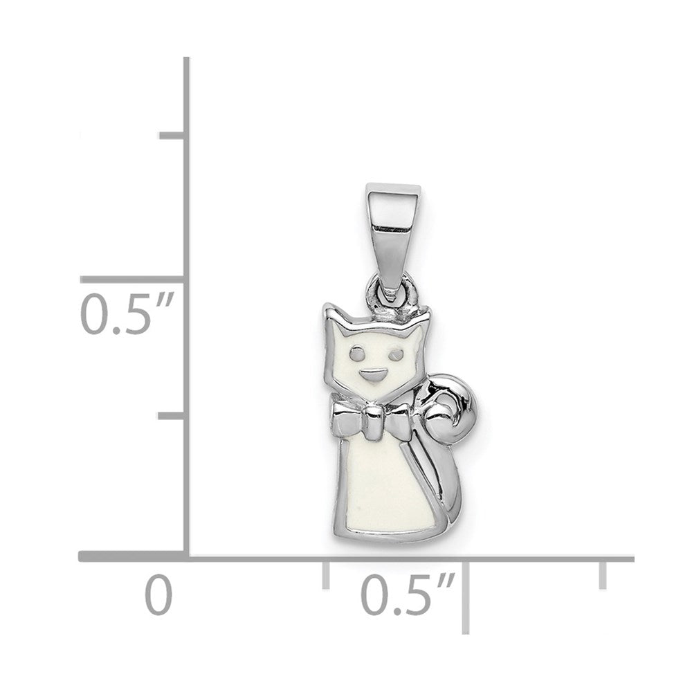 Sterling Silver RH-plated Polished White Enameled Cat Children's Pendant