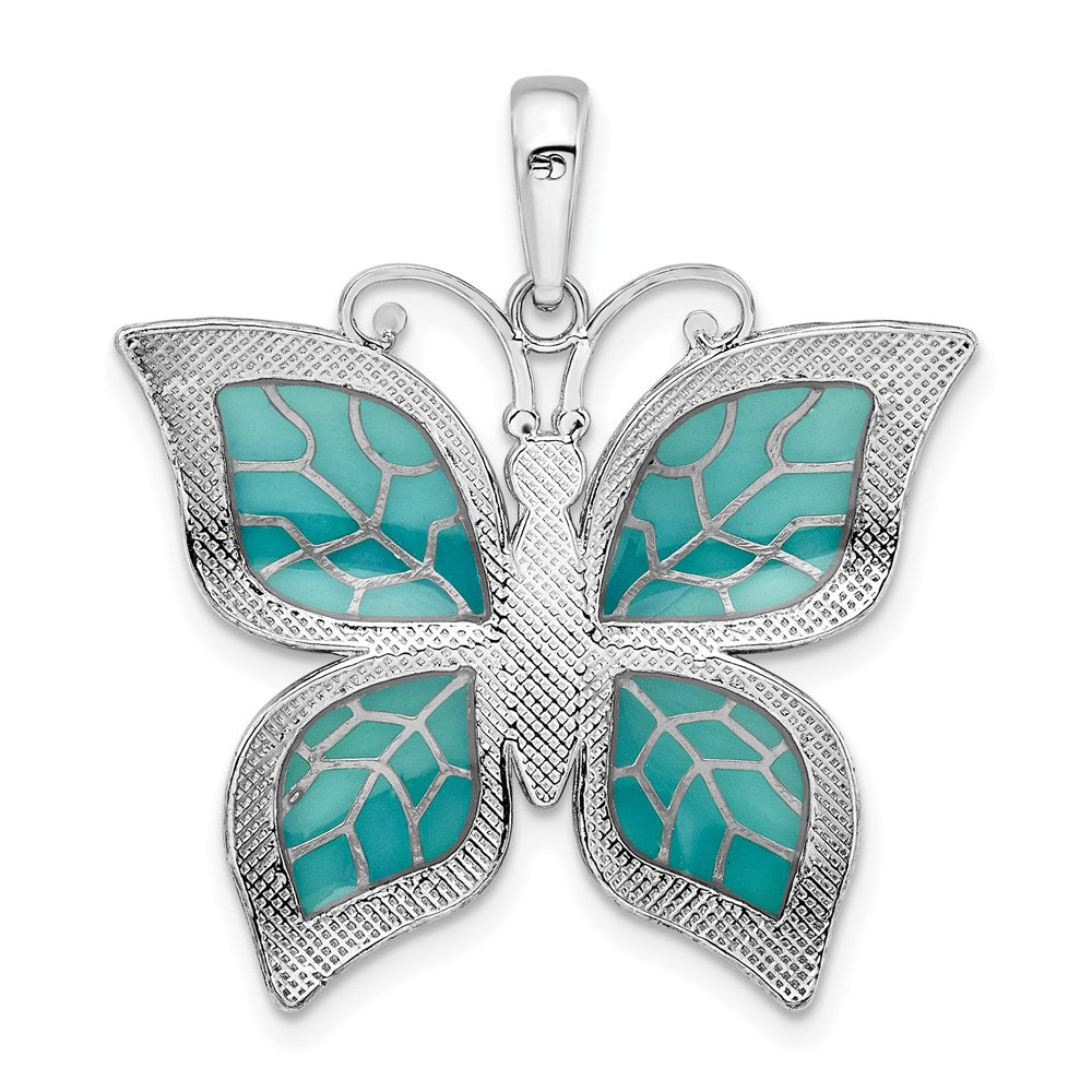 Sterling Silver Rhod-plated Polished Enameled Aqua Butterfly Pendant