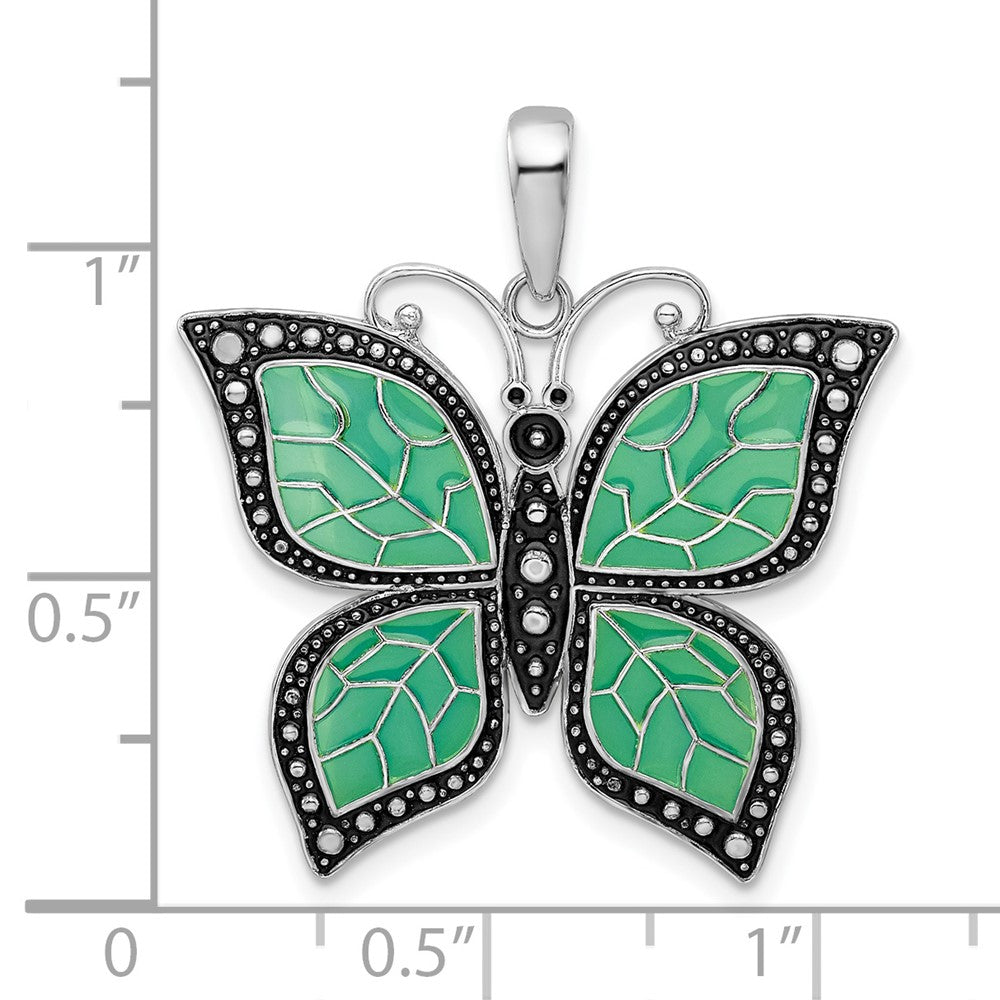 Sterling Silver Rhod-plated Polished Enameled Aqua Butterfly Pendant