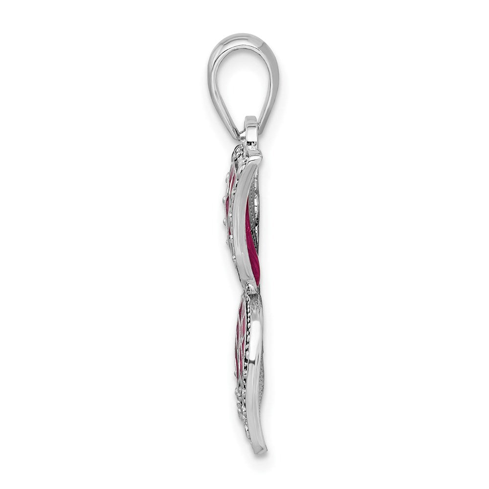 Sterling Silver Rhod-plated Polished Enameled Fuchsia Butterfly Pendant
