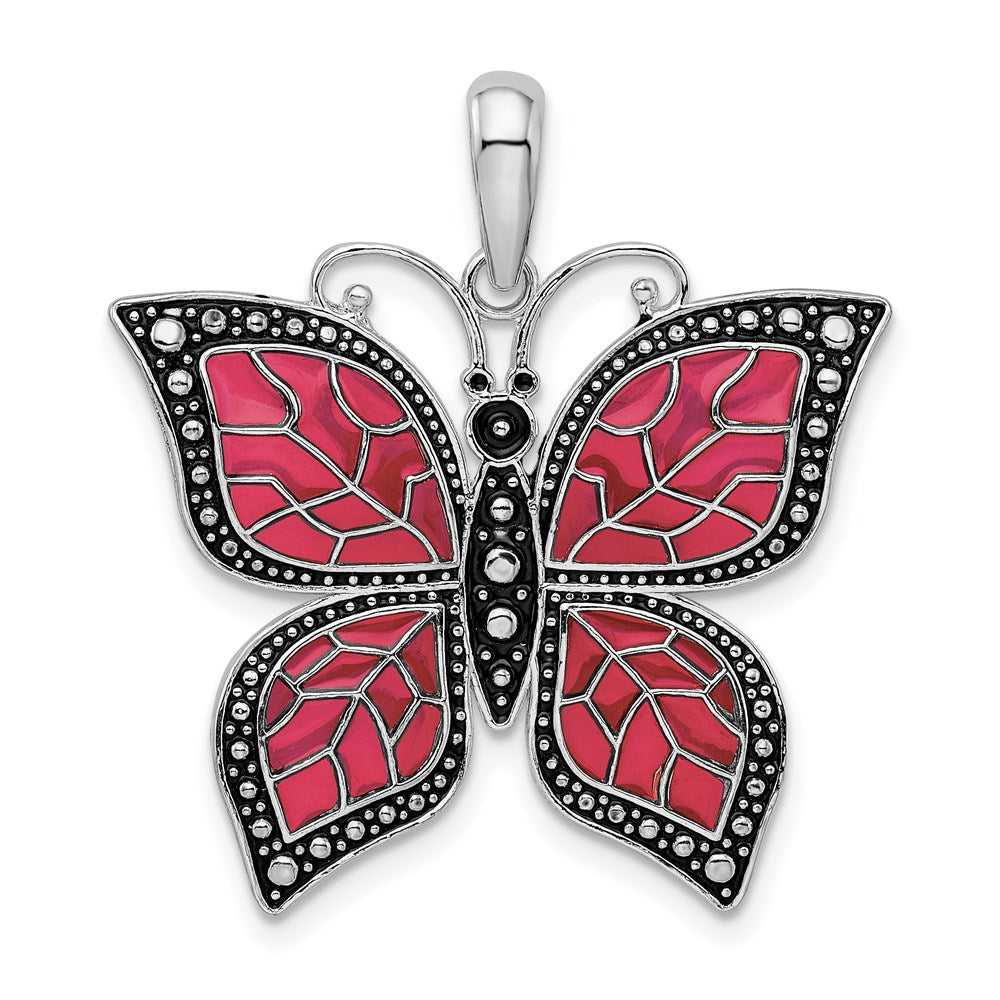 Sterling Silver Rhod-plated Polished Enameled Fuchsia Butterfly Pendant