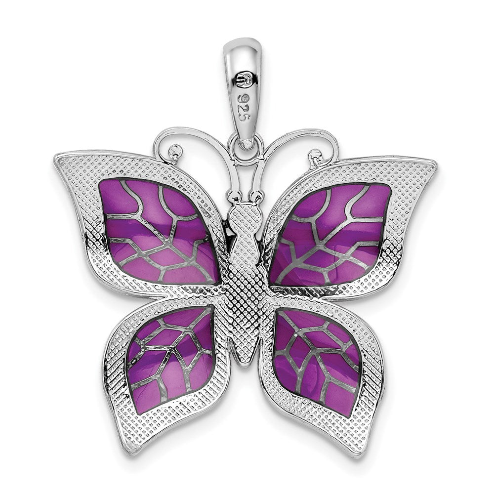 Sterling Silver Rhod-plated Polished Enameled Purple Butterfly Pendant