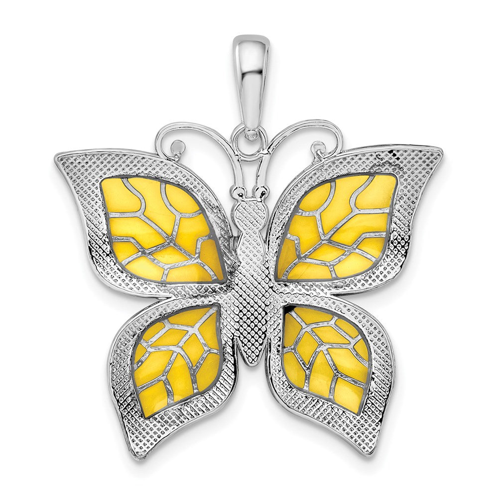 Sterling Silver Rhod-plated Polished Enameled Yellow Butterfly Pendant