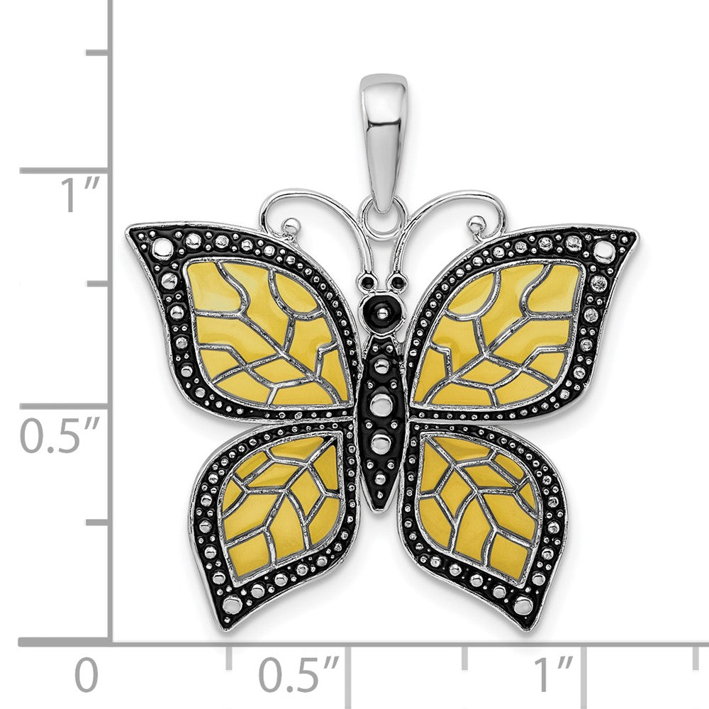 Sterling Silver Rhod-plated Polished Enameled Yellow Butterfly Pendant