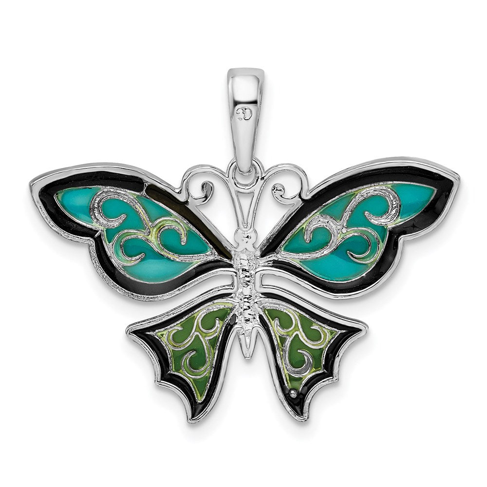 Sterling Silver Rhod-plated Polished Enameled Aqua Butterfly Pendant