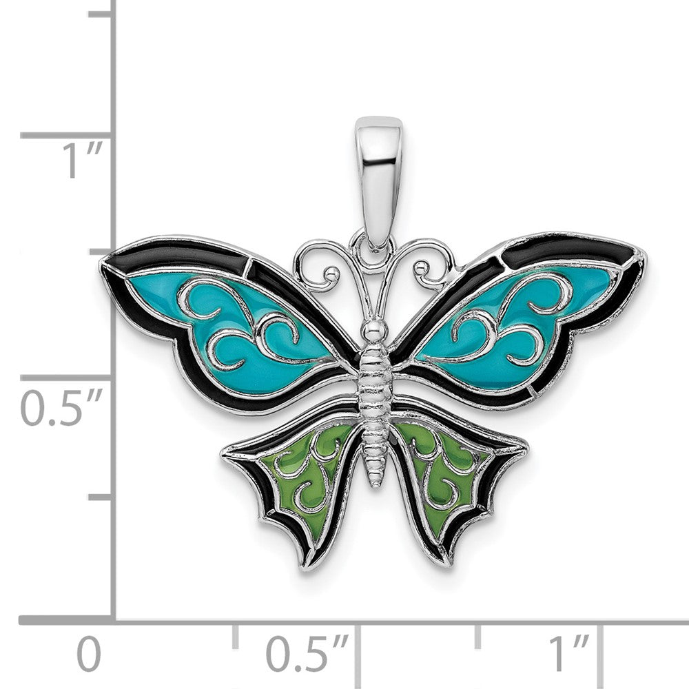 Sterling Silver Rhod-plated Polished Enameled Aqua Butterfly Pendant