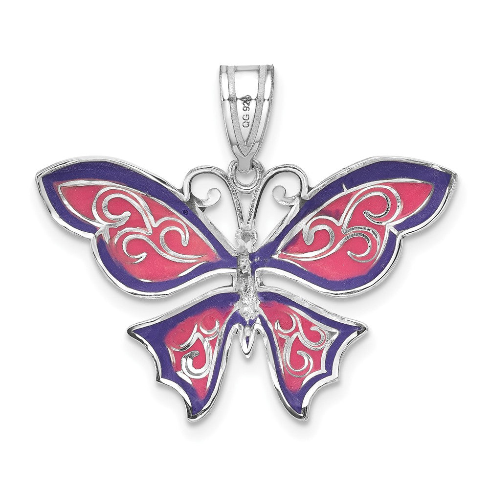 Sterling Silver Rhod-plated Polished Enameled Purple Butterfly Pendant