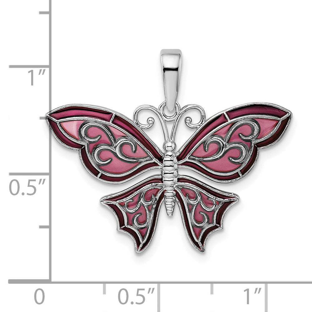 Sterling Silver Rhod-plated Polished Enameled Purple Butterfly Pendant
