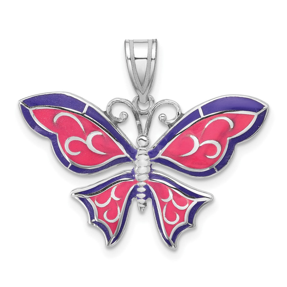 Sterling Silver Rhod-plated Polished Enameled Purple Butterfly Pendant
