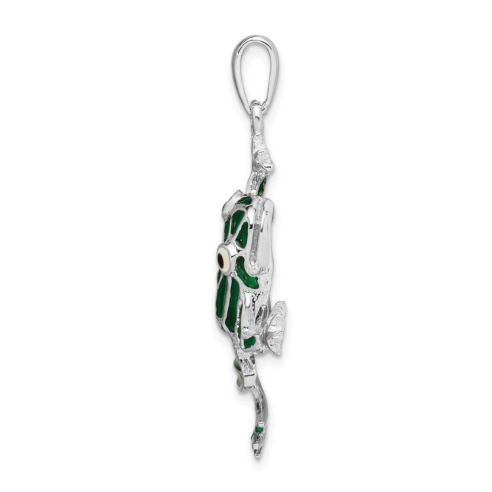 Sterling Silver Rhodium-plated Polished Enameled Green Frog Pendant