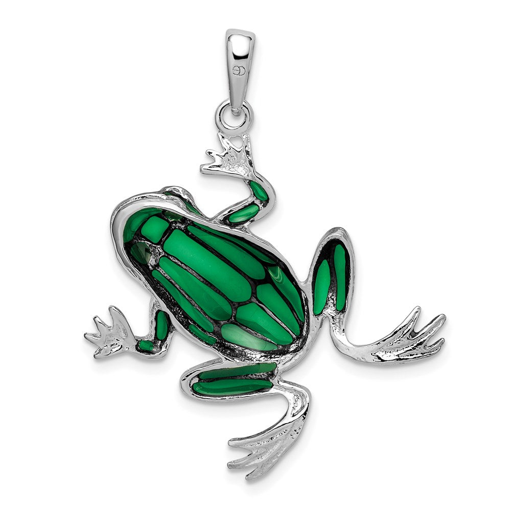 Sterling Silver Rhodium-plated Polished Enameled Green Frog Pendant