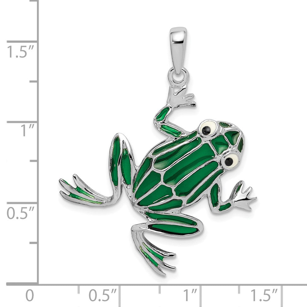Sterling Silver Rhodium-plated Polished Enameled Green Frog Pendant