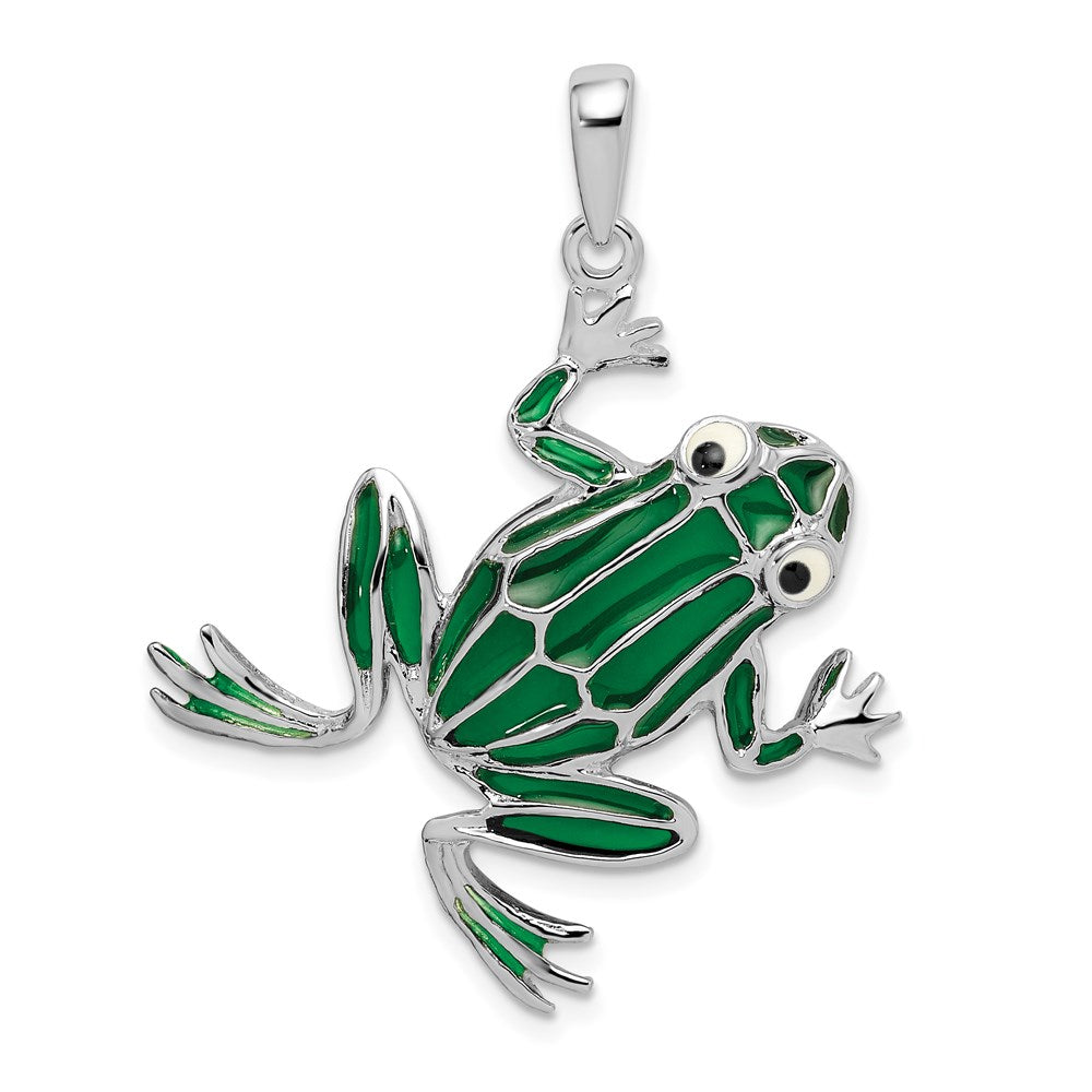 Sterling Silver Rhodium-plated Polished Enameled Green Frog Pendant