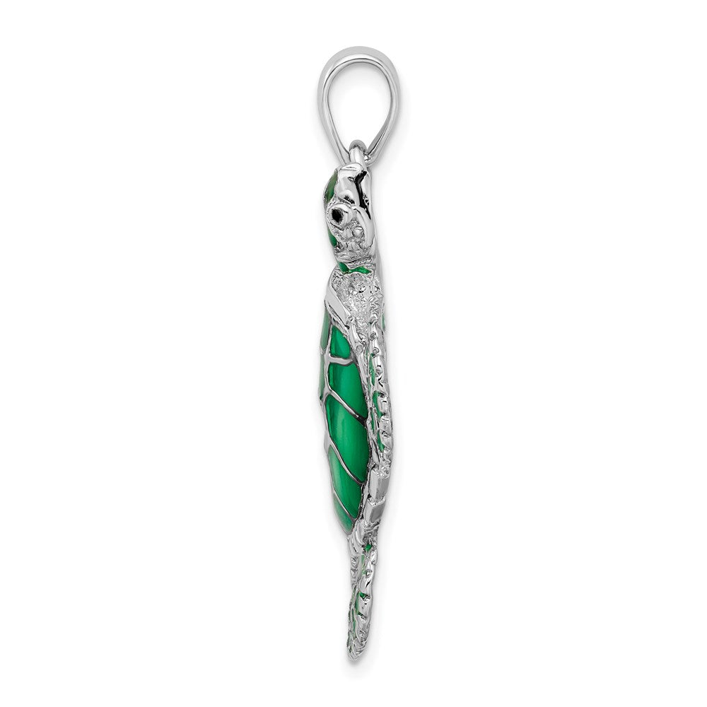 Sterling Silver Rhod-plated Polished Enameled Green Sea Turtle Pendant