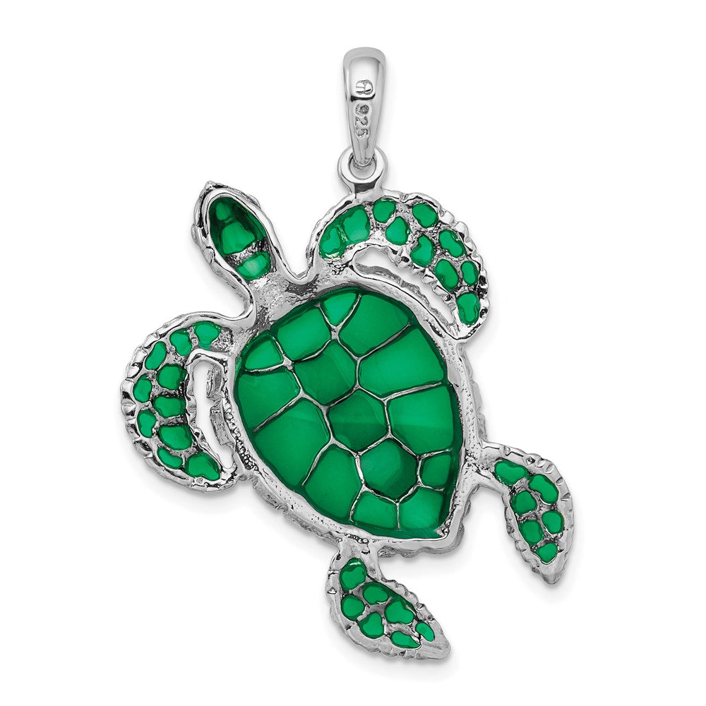 Sterling Silver Rhod-plated Polished Enameled Green Sea Turtle Pendant