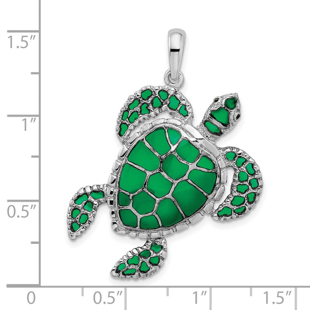 Sterling Silver Rhod-plated Polished Enameled Green Sea Turtle Pendant