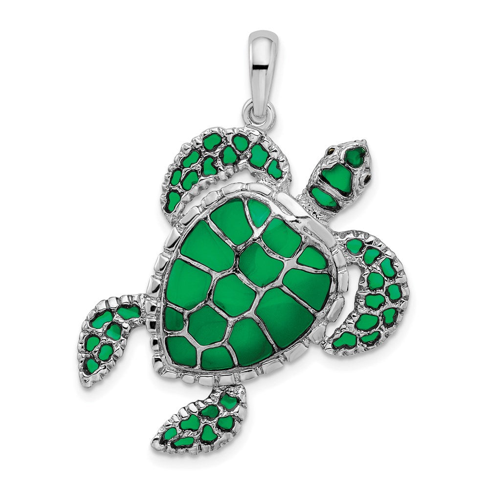 Sterling Silver Rhod-plated Polished Enameled Green Sea Turtle Pendant