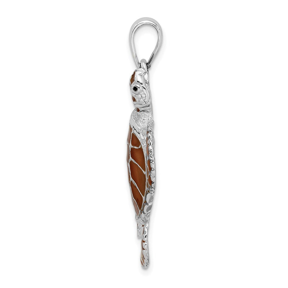 Sterling Silver Rhod-plated Polished Enameled Brown Sea Turtle Pendant