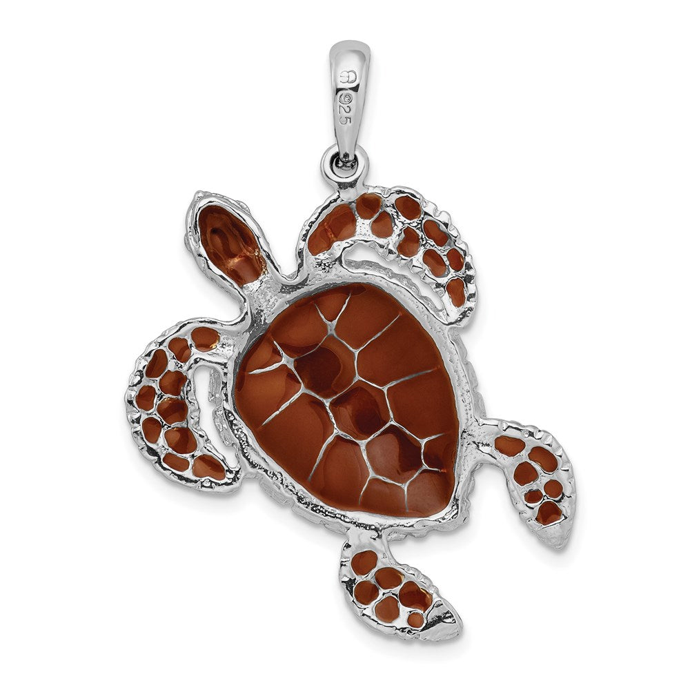 Sterling Silver Rhod-plated Polished Enameled Brown Sea Turtle Pendant