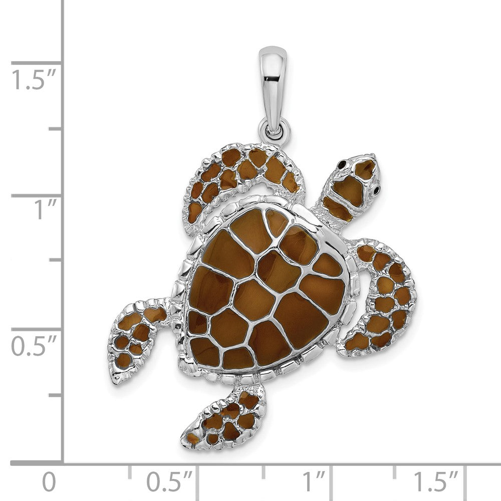 Sterling Silver Rhod-plated Polished Enameled Brown Sea Turtle Pendant