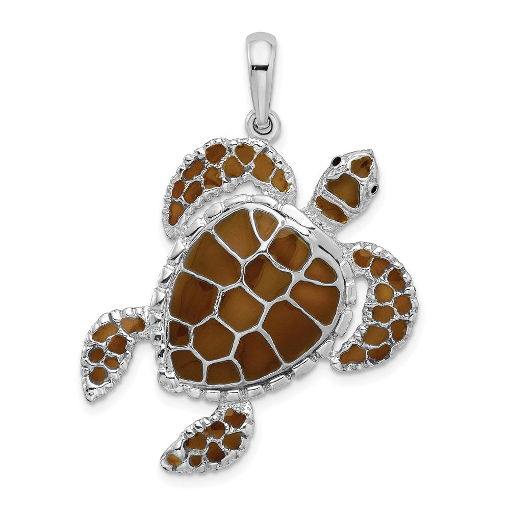 Sterling Silver Rhod-plated Polished Enameled Brown Sea Turtle Pendant
