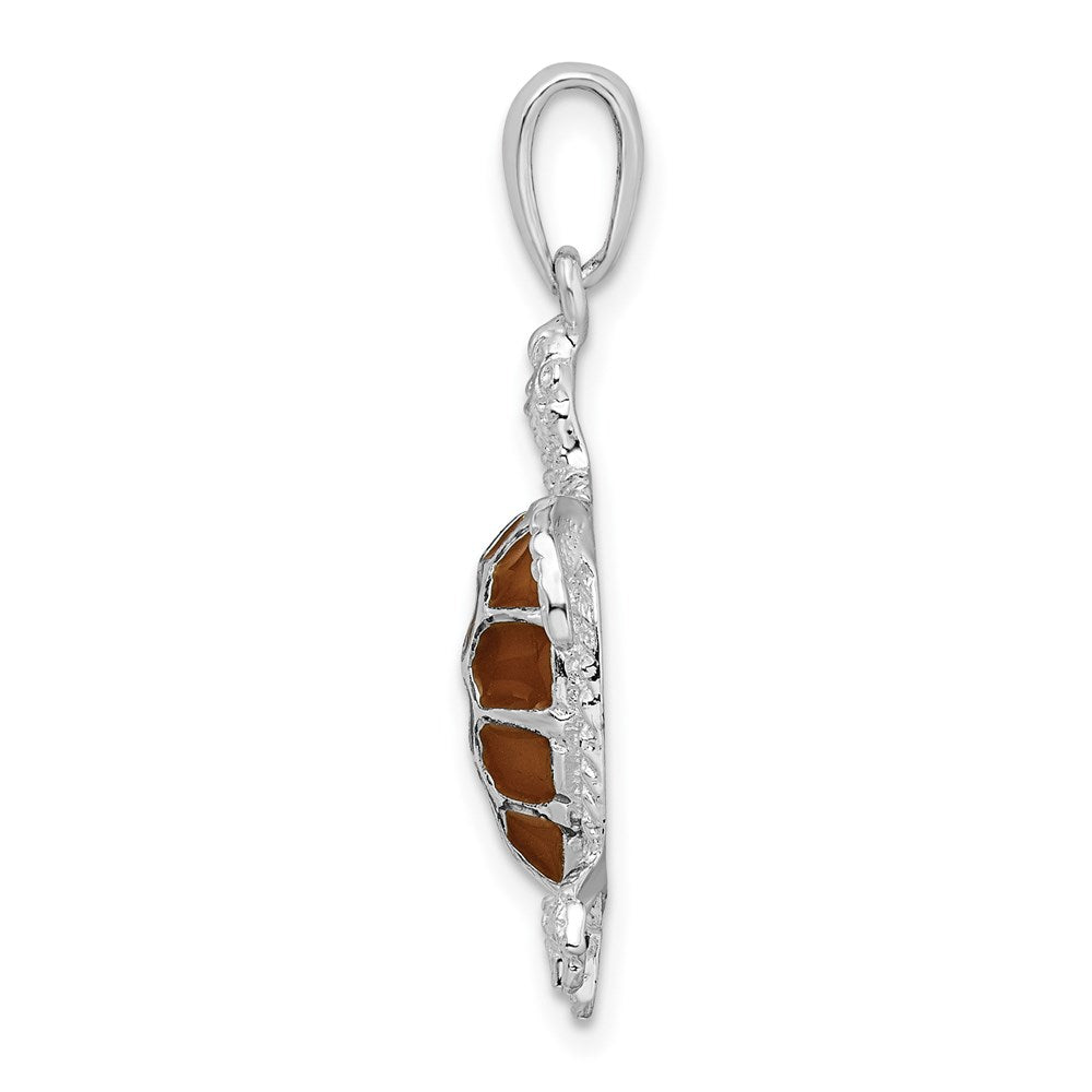 Sterling Silver Polished Enameled Brown Sea Turtle Pendant