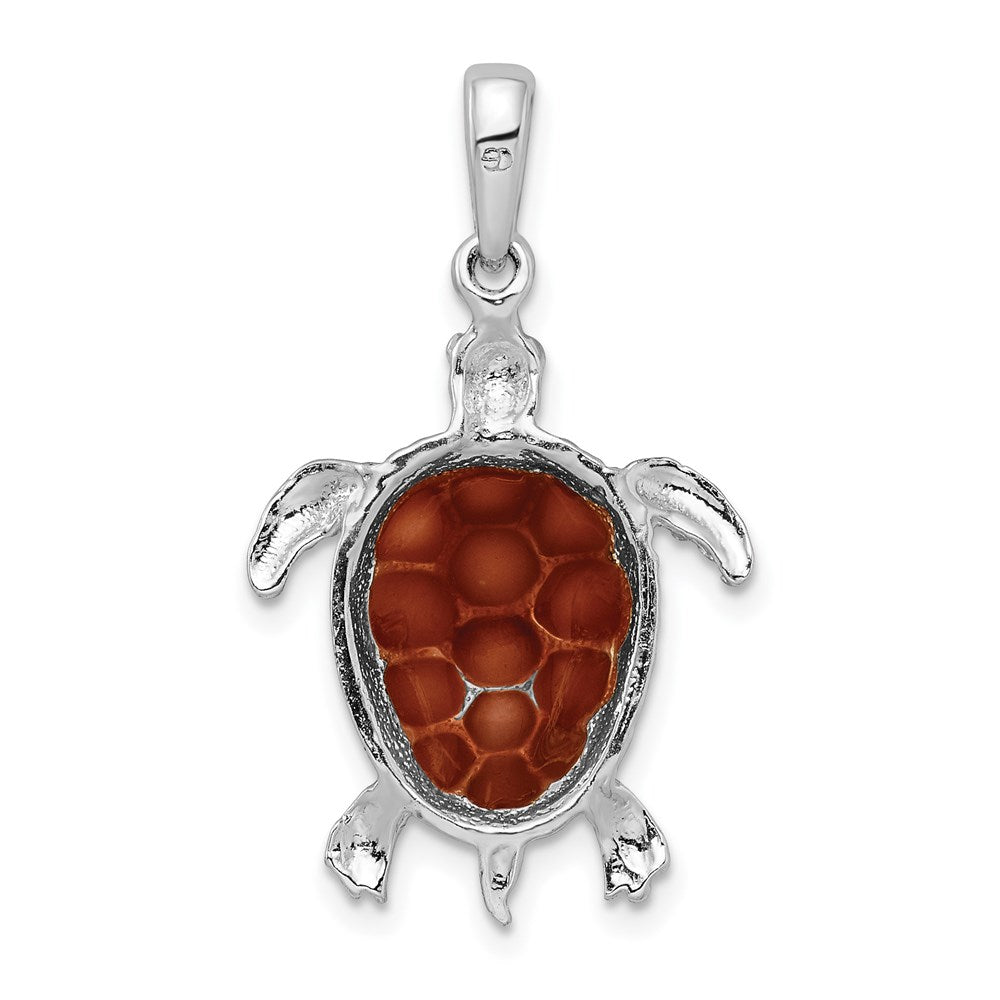 Sterling Silver Polished Enameled Brown Sea Turtle Pendant