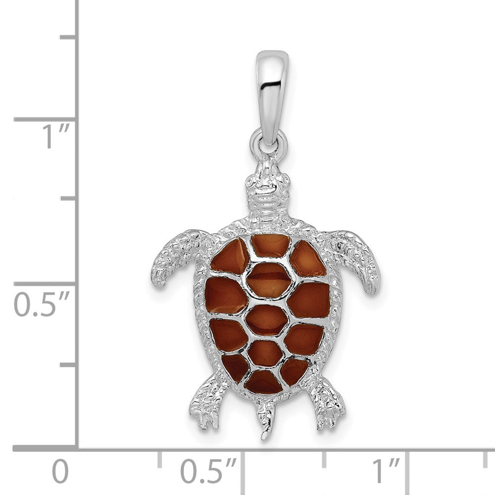 Sterling Silver Polished Enameled Brown Sea Turtle Pendant