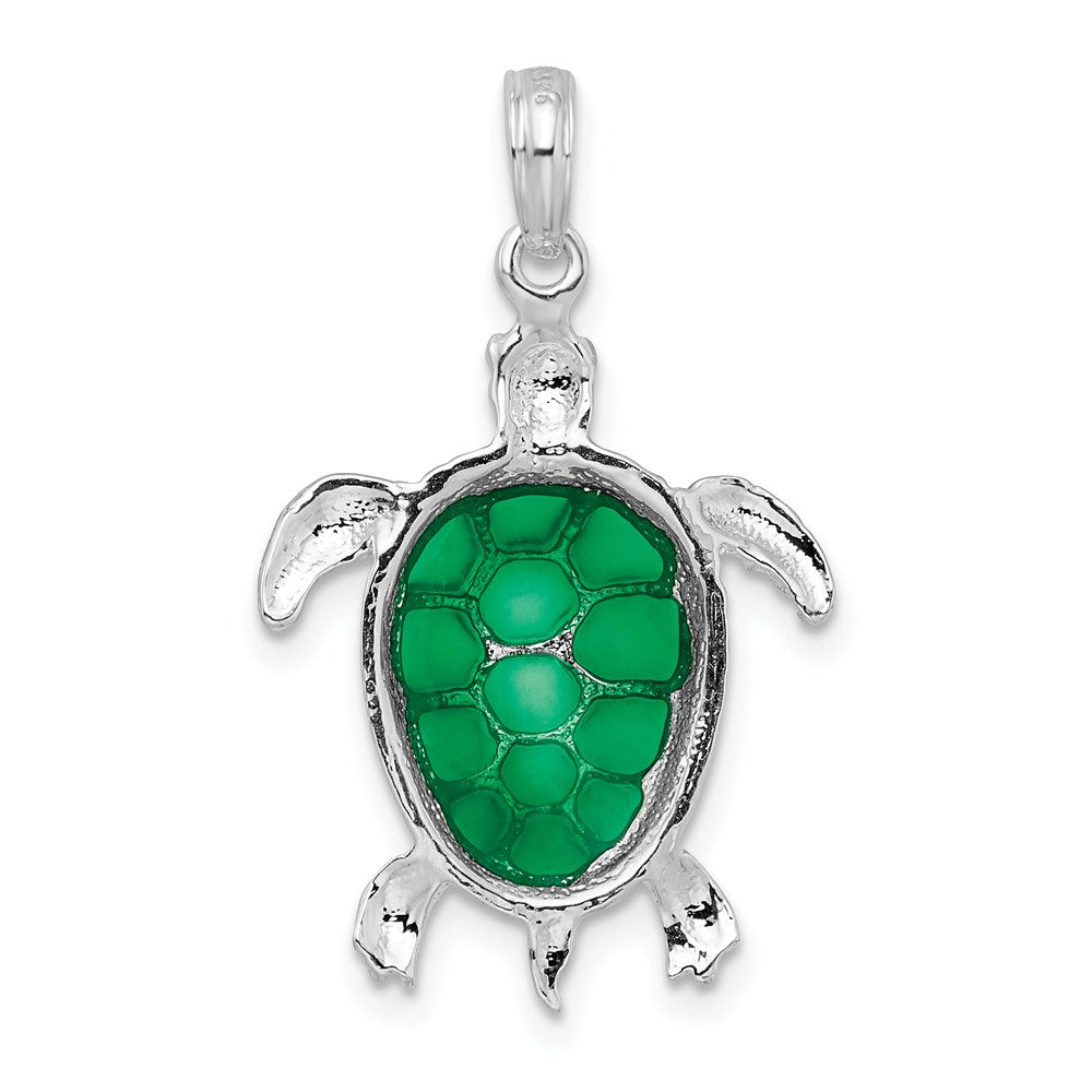 Sterling Silver Rhod-plated Polished Enameled Green Sea Turtle Pendant
