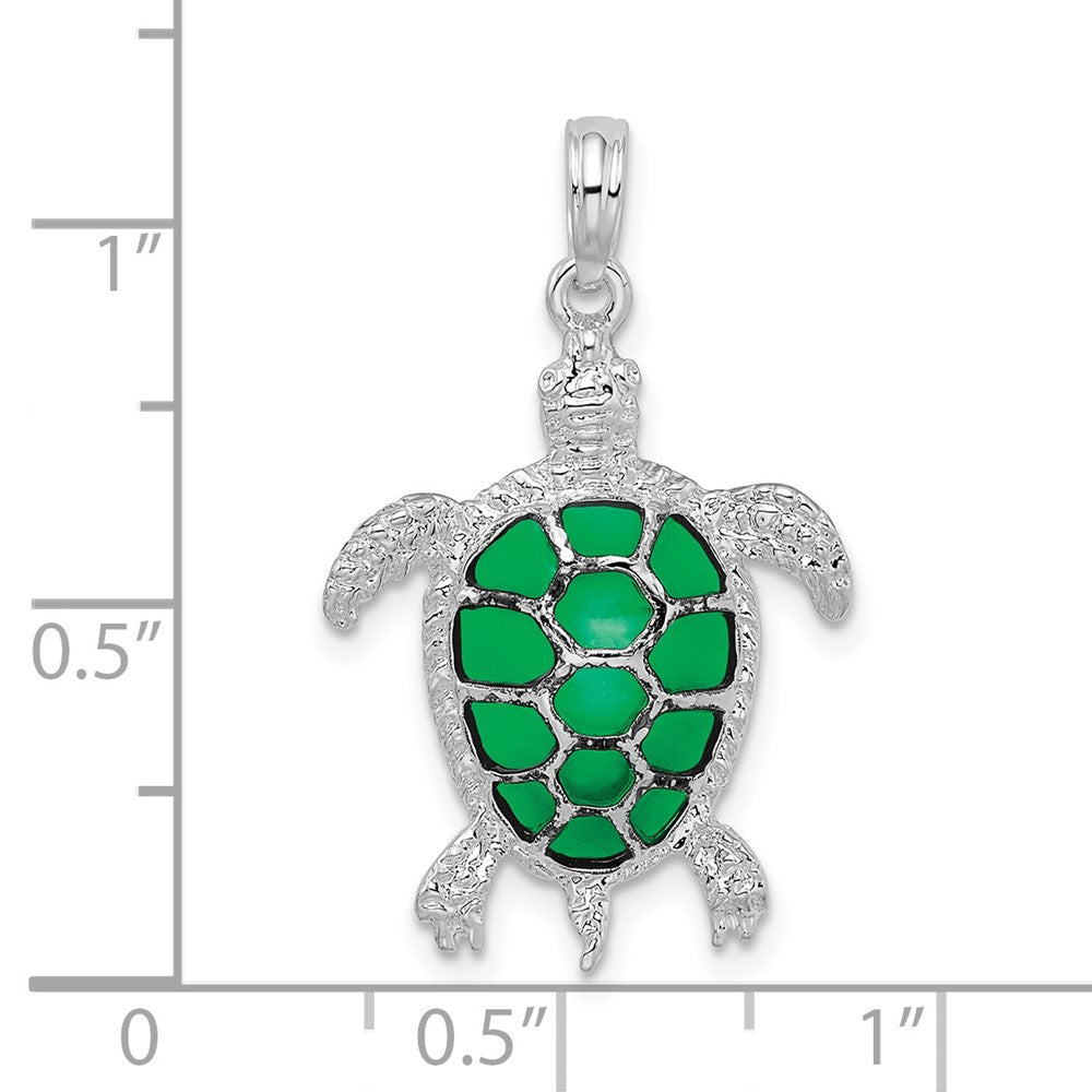 Sterling Silver Rhod-plated Polished Enameled Green Sea Turtle Pendant