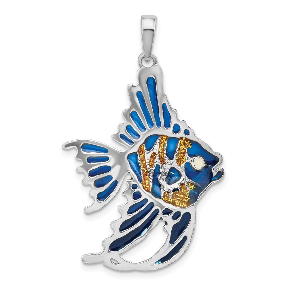 Sterling Silver Rhodium-plated Polished Enameled Angelfish Pendant