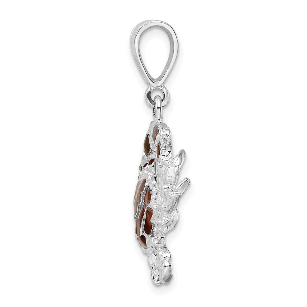 Sterling Silver Rhodium-plated Polished Enameled Brown Crab Pendant