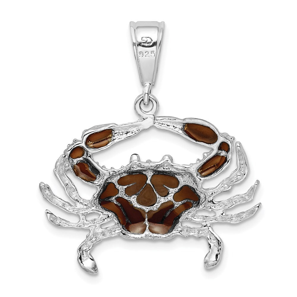 Sterling Silver Rhodium-plated Polished Enameled Brown Crab Pendant