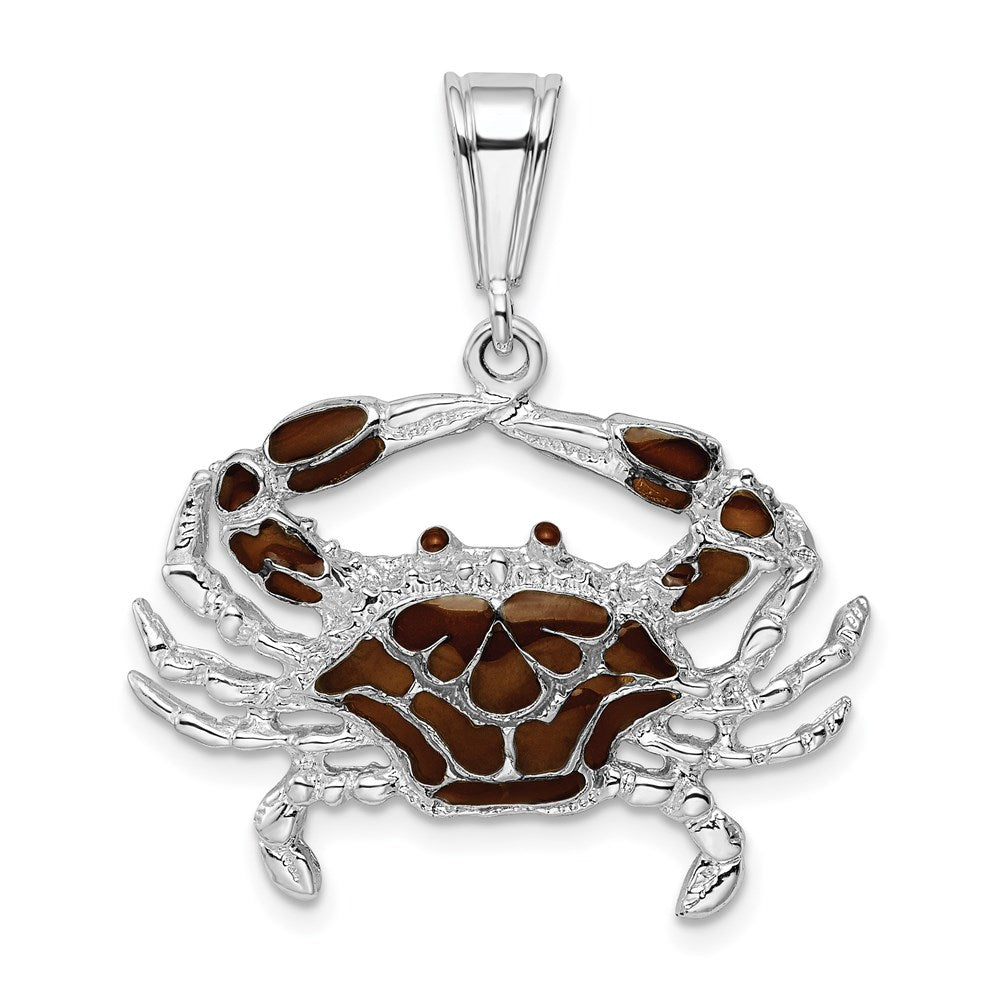 Sterling Silver Rhodium-plated Polished Enameled Brown Crab Pendant