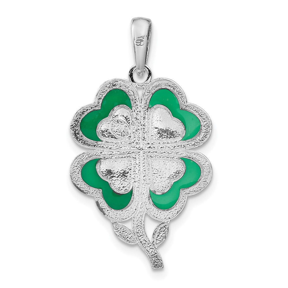 Sterling Silver Rhodium-plated Polished Enameled 4-Leaf Clover Pendant