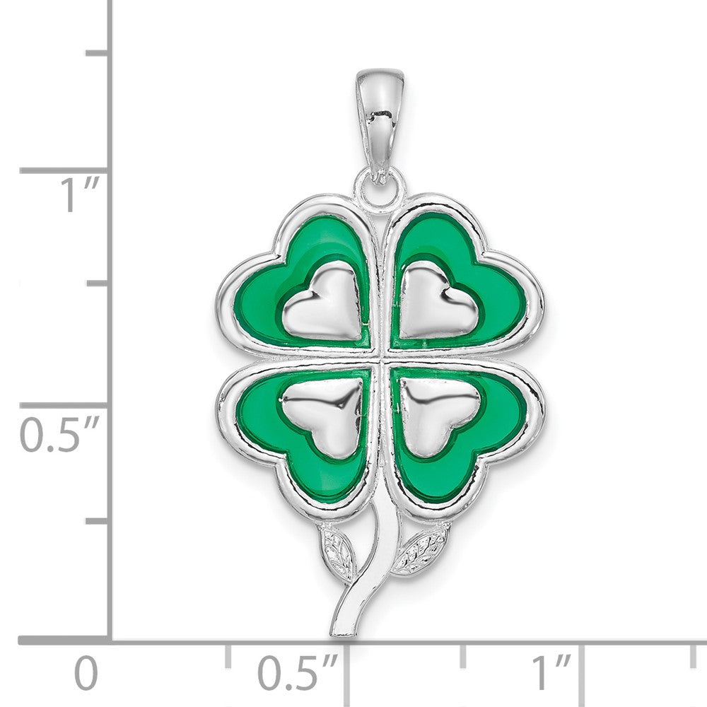 Sterling Silver Rhodium-plated Polished Enameled 4-Leaf Clover Pendant