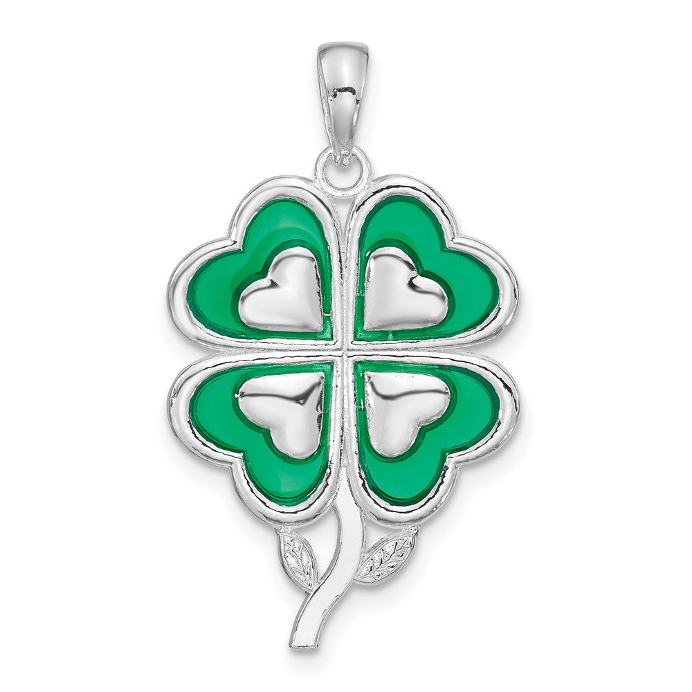 Sterling Silver Rhodium-plated Polished Enameled 4-Leaf Clover Pendant