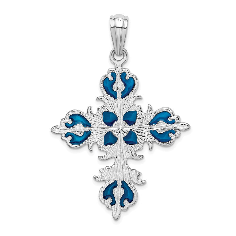 Sterling Silver Rhodium-plated Polished Enamel Fleur de Lis Cross Pendant