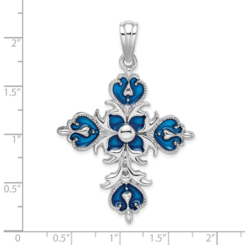 Sterling Silver Rhodium-plated Polished Enamel Fleur de Lis Cross Pendant