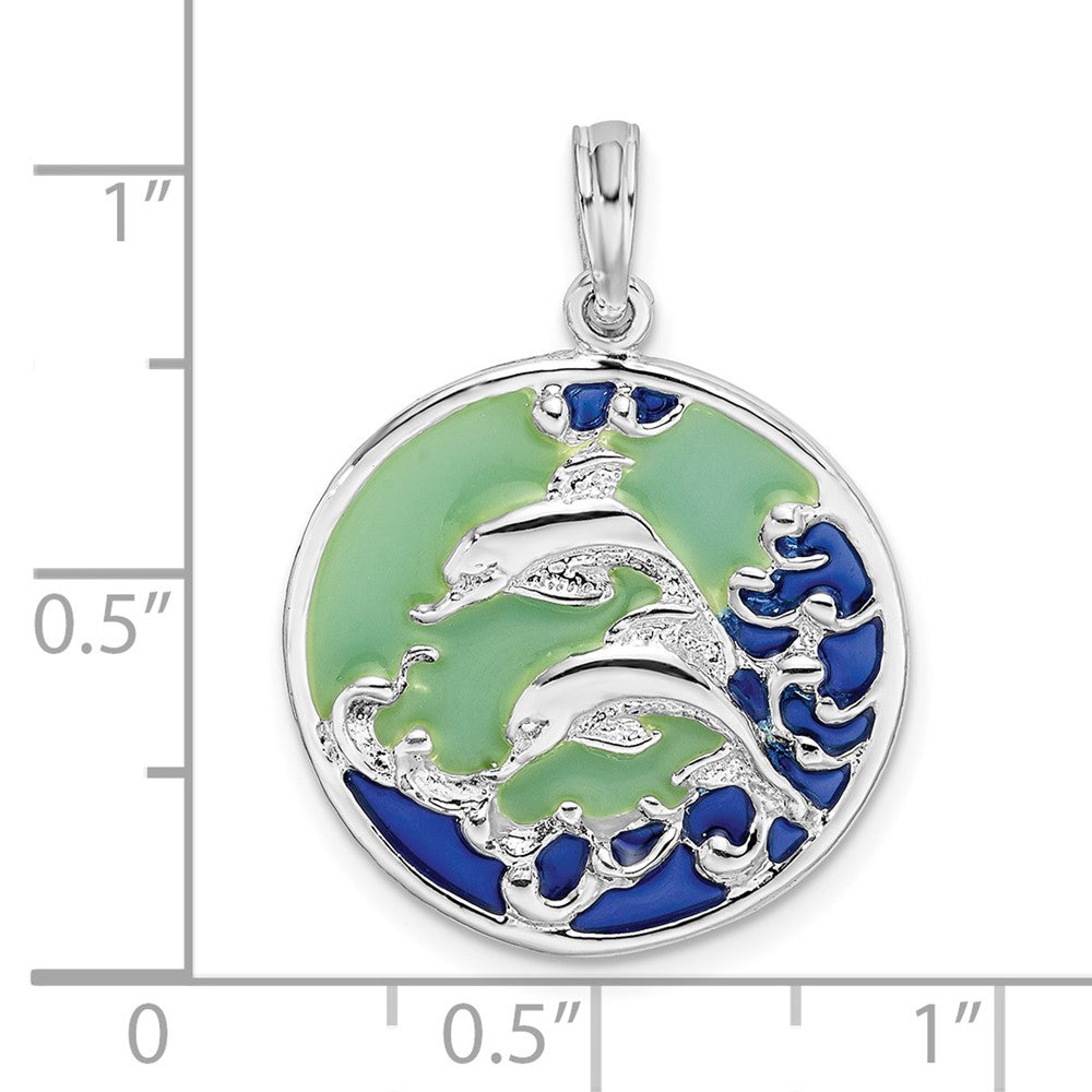 Sterling Silver Rhodium-plated Polished Enameled Dolphins Pendant