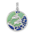 Sterling Silver Rhodium-plated Polished Enameled Dolphins Pendant