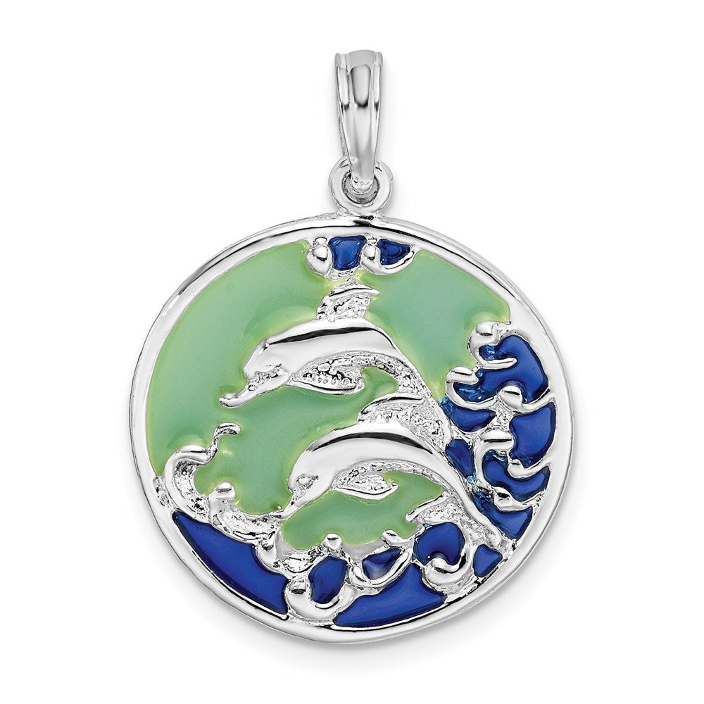 Sterling Silver Rhodium-plated Polished Enameled Dolphins Pendant