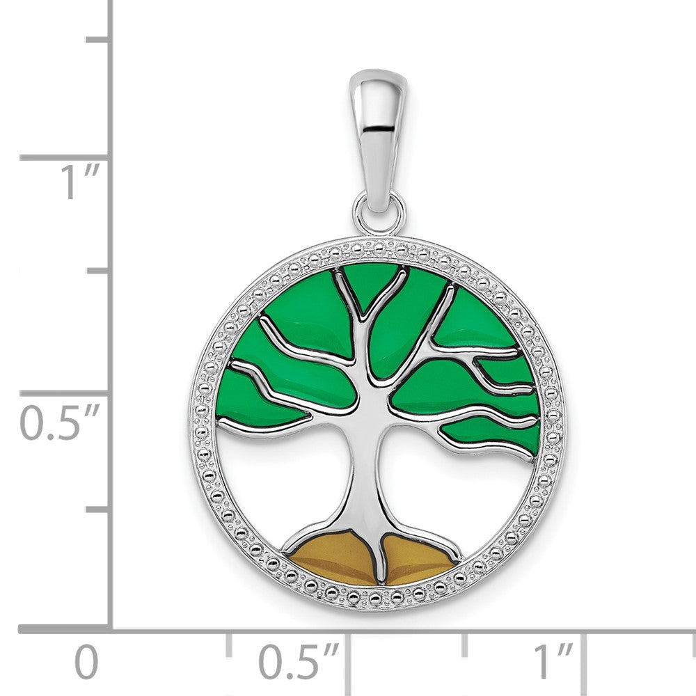 Sterling Silver Rhodium-plated Polished Enameled Tree of Life Pendant