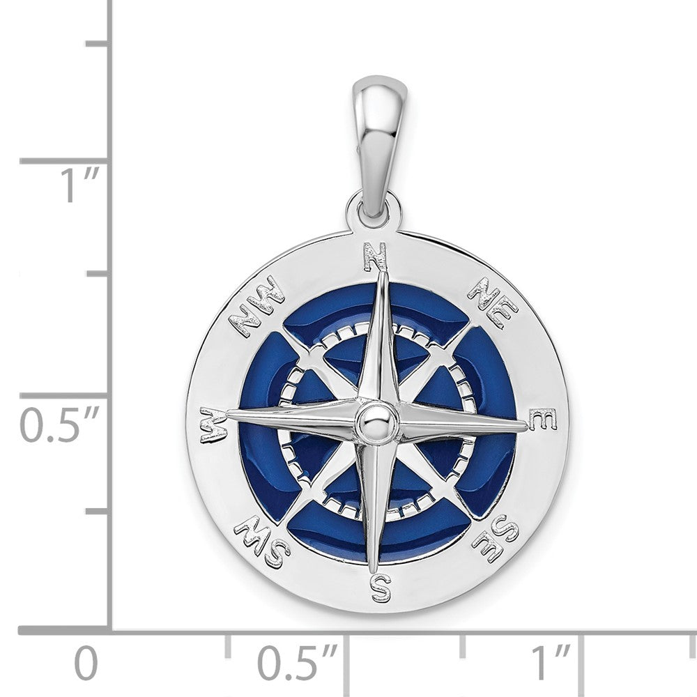 Sterling Silver Rhodium-plated Polished Enameled Lg. Compass Pendant