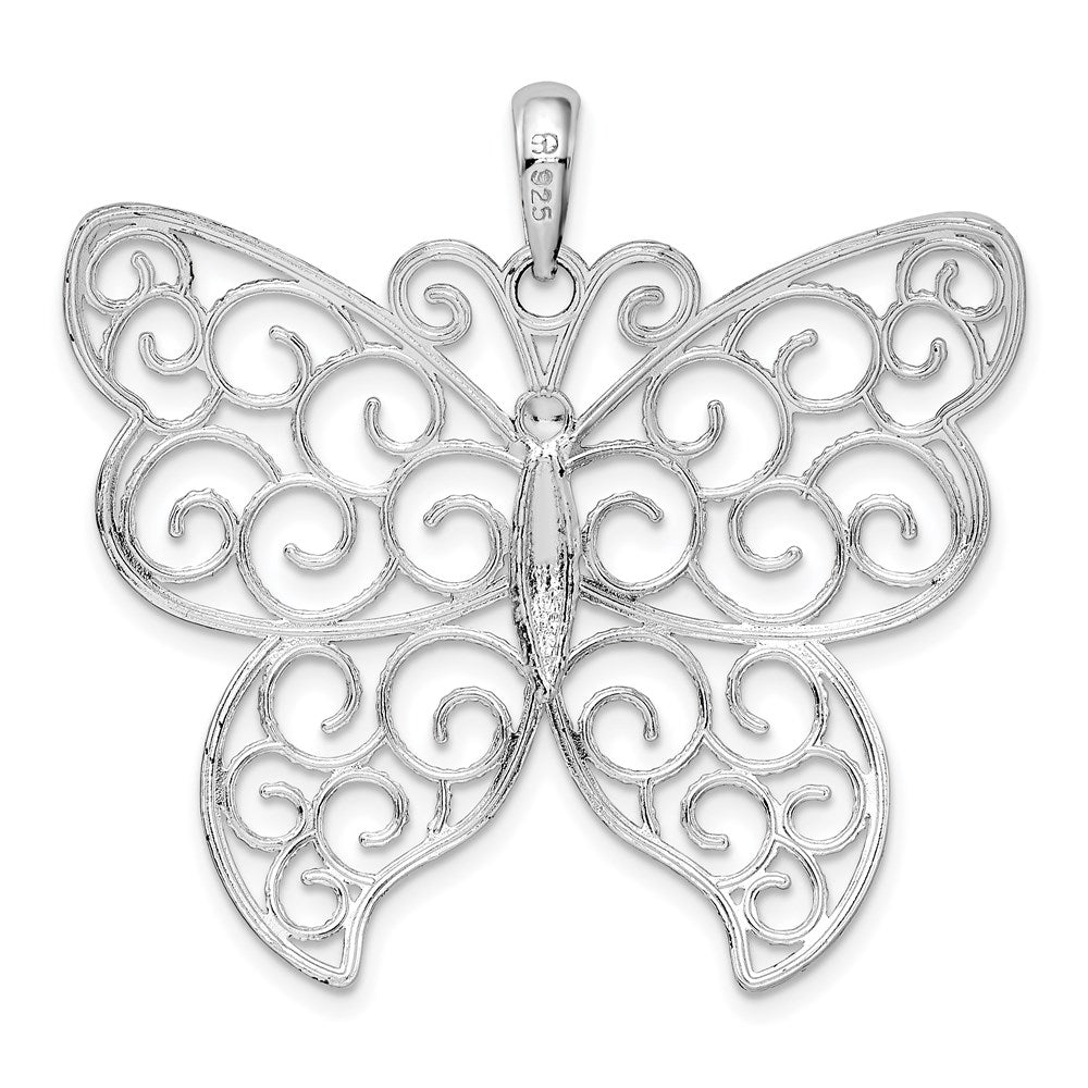 Sterling Silver Rhodium-plated Large Beaded Filigree Butterfly Pendant