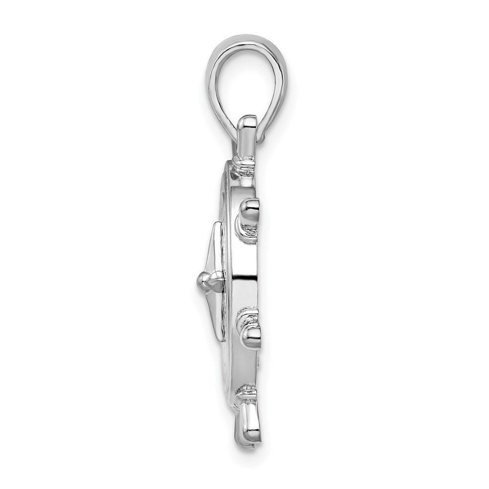 Sterling Silver Rhodium-plated Polished Ships Wheel w/Compass Pendant
