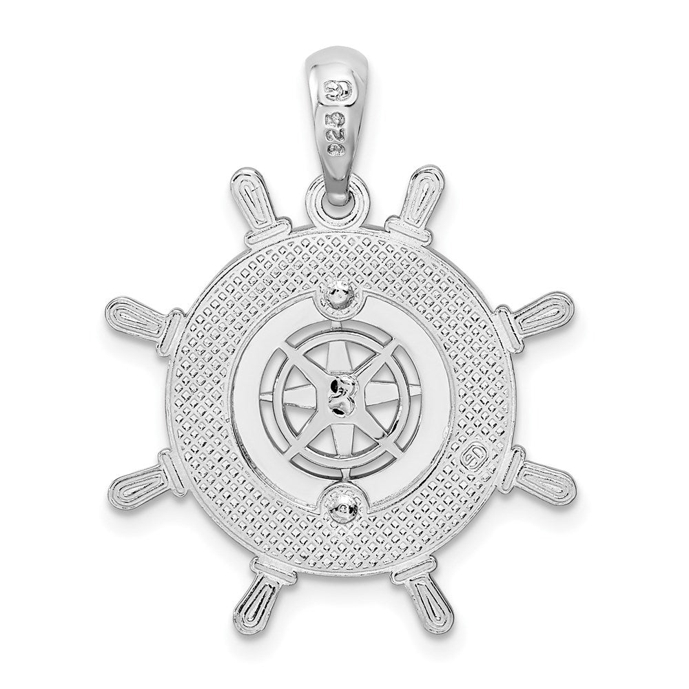 Sterling Silver Rhodium-plated Polished Ships Wheel w/Compass Pendant