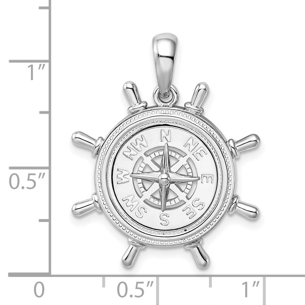 Sterling Silver Rhodium-plated Polished Ships Wheel w/Compass Pendant