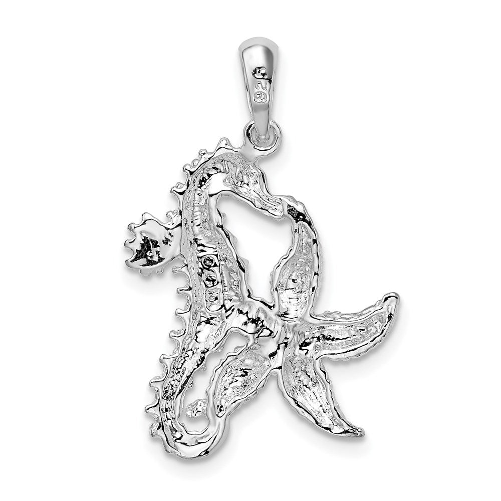 Sterling Silver Rhodium-plated Polished Starfish and Seahorse Pendant