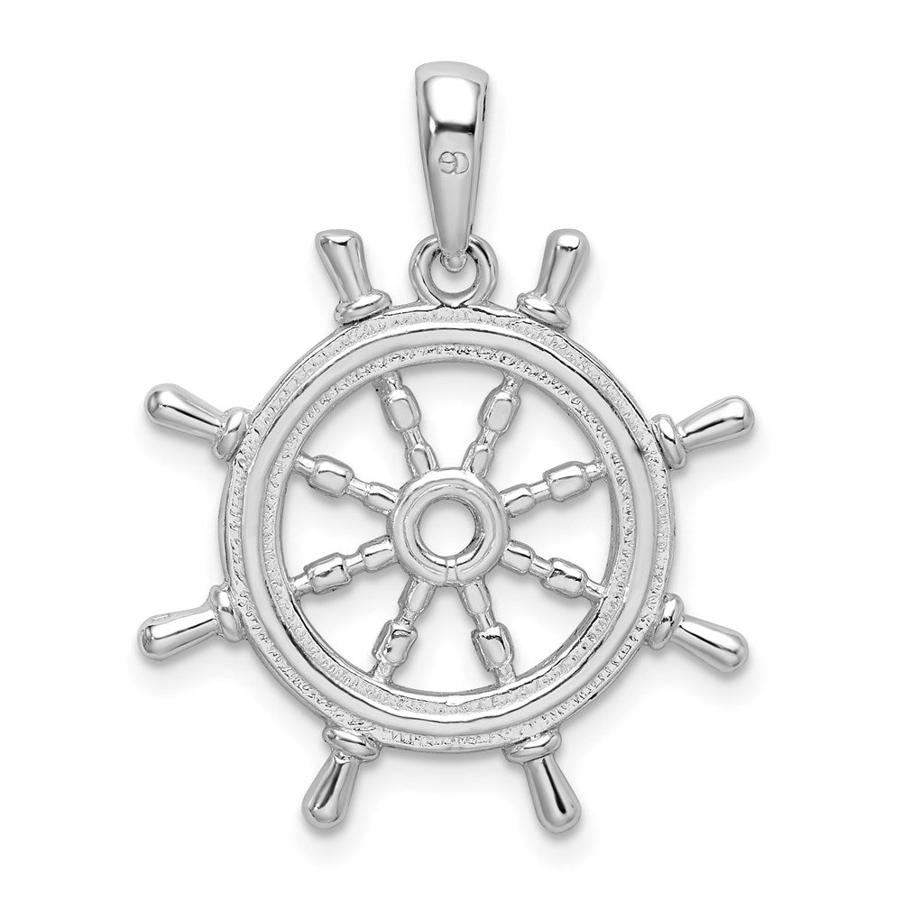 Sterling Silver Rhodium-plated Polished Cut-out 3D Ships Wheel Pendant